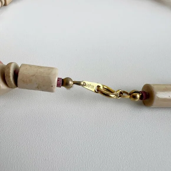 Vintage Japanese Stoneware Beaded Chunky Necklace Set Earrings Gold Stone Japan - Picture 5 of 6